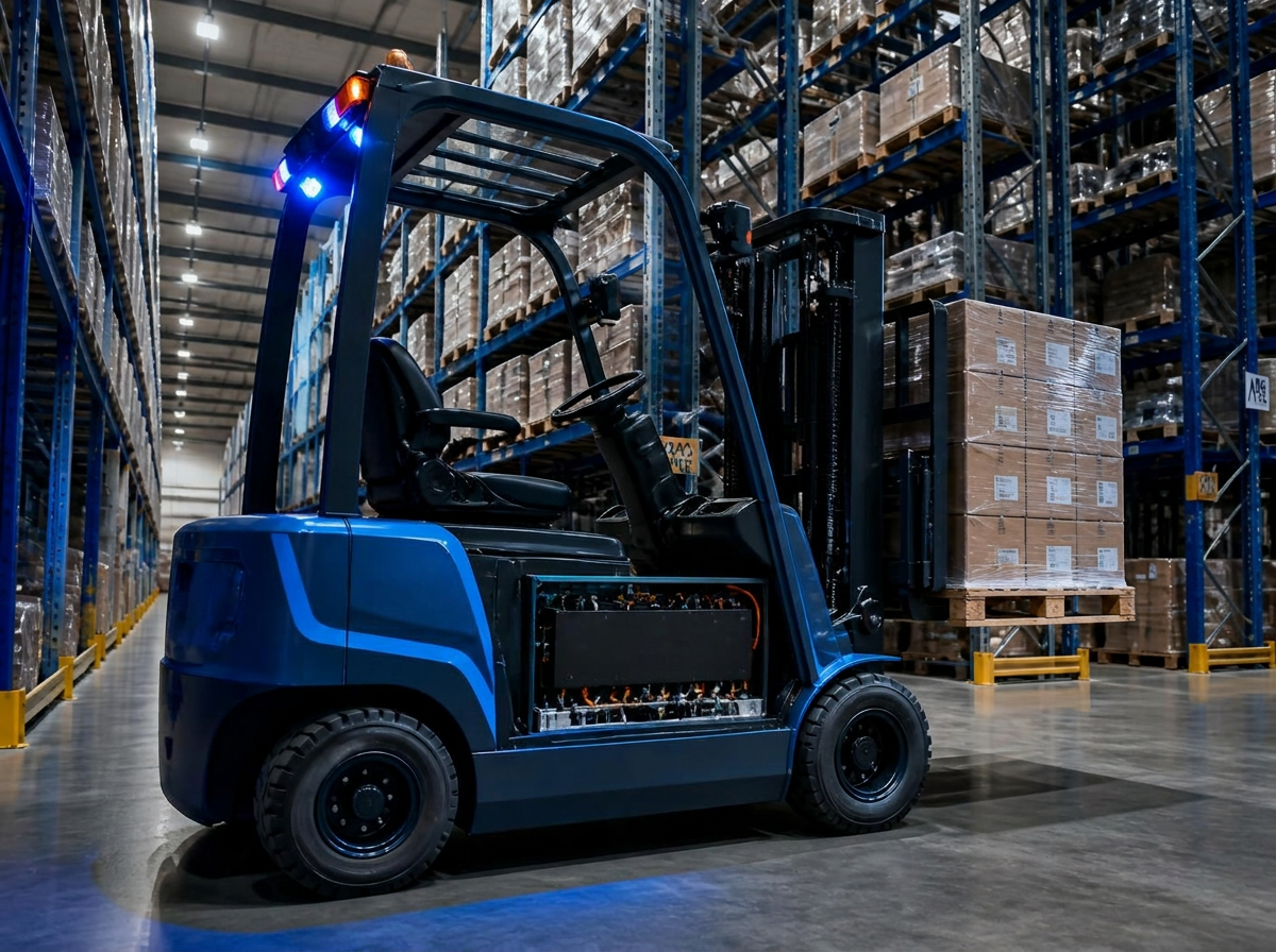Chariot élévateur électrique équipé d'une batterie lithium de traction en entrepôt