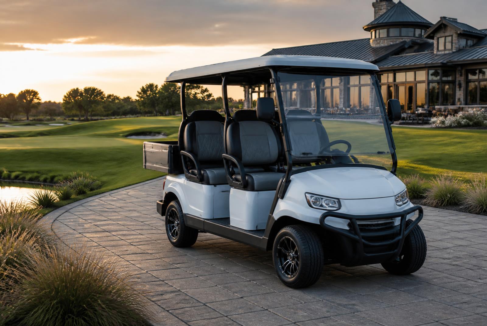 Golfette électrique équipée d'une batterie LiFePO₄ sur un site haut de gamme