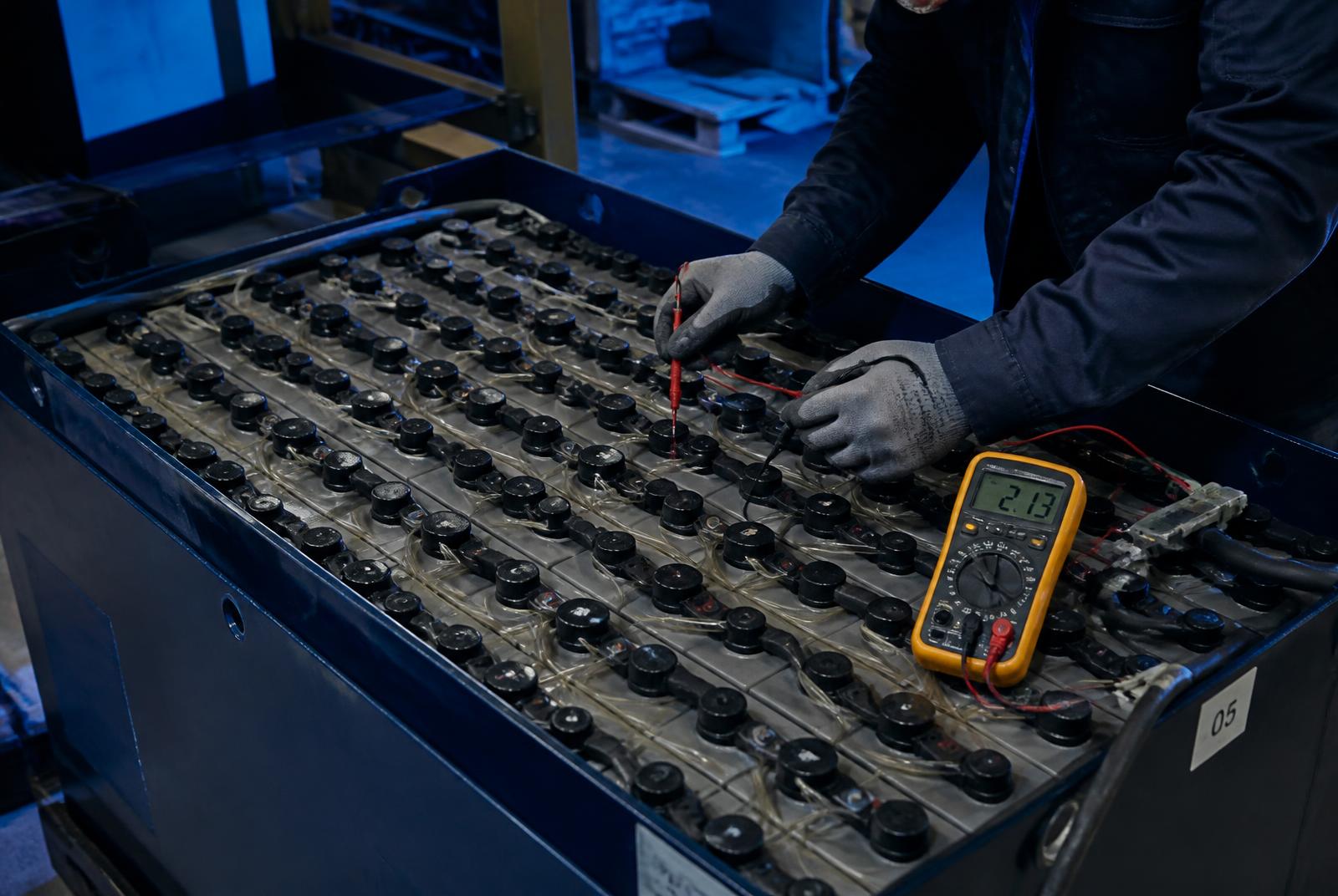 Batterie de traction plomb en cours de contrôle en atelier